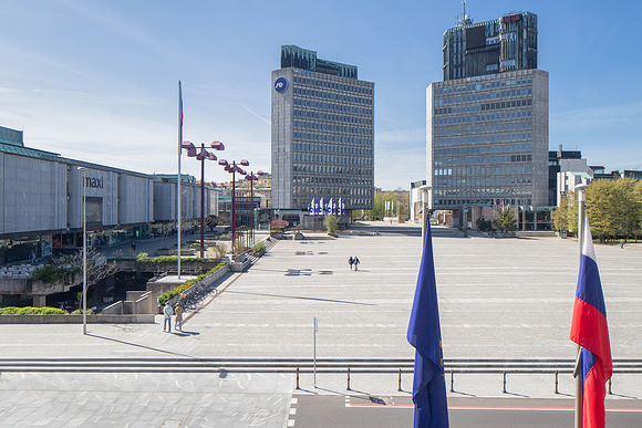 NLB Tower (TR2 (Trg Republike 2), TR3 (Trg Republike 3) and the Maximarket, Republic Square, Ljubljana (Edvard Ravnikar,  all 1971.)