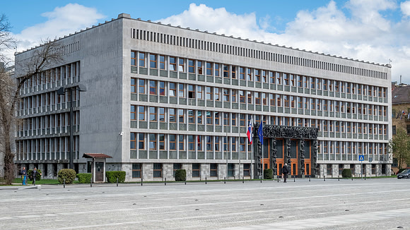 Slovenian National Assembly (parliament), Republic Square, Ljubljana (arch-Vinko Glanz, sculp. Zdenko Kalin and Karl Putrih, 1954-59)
